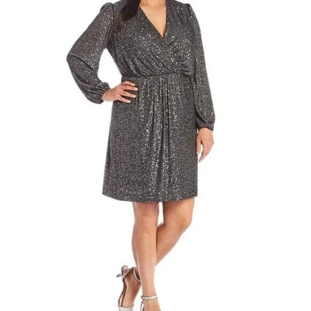 Sparkle Wrap Front Long Sleeve Cocktail Dress - Silver/Charcoal EUC